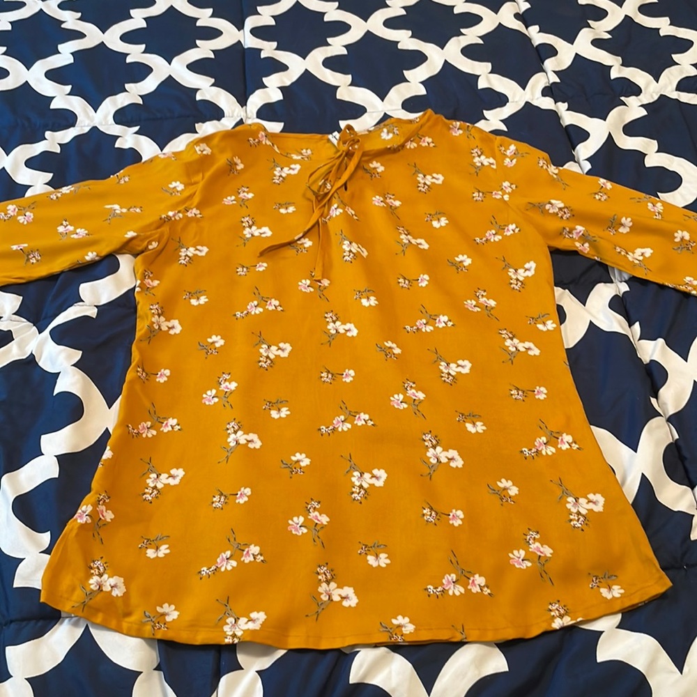 Full sleeve light weight mustard color top with cherry blossom prints